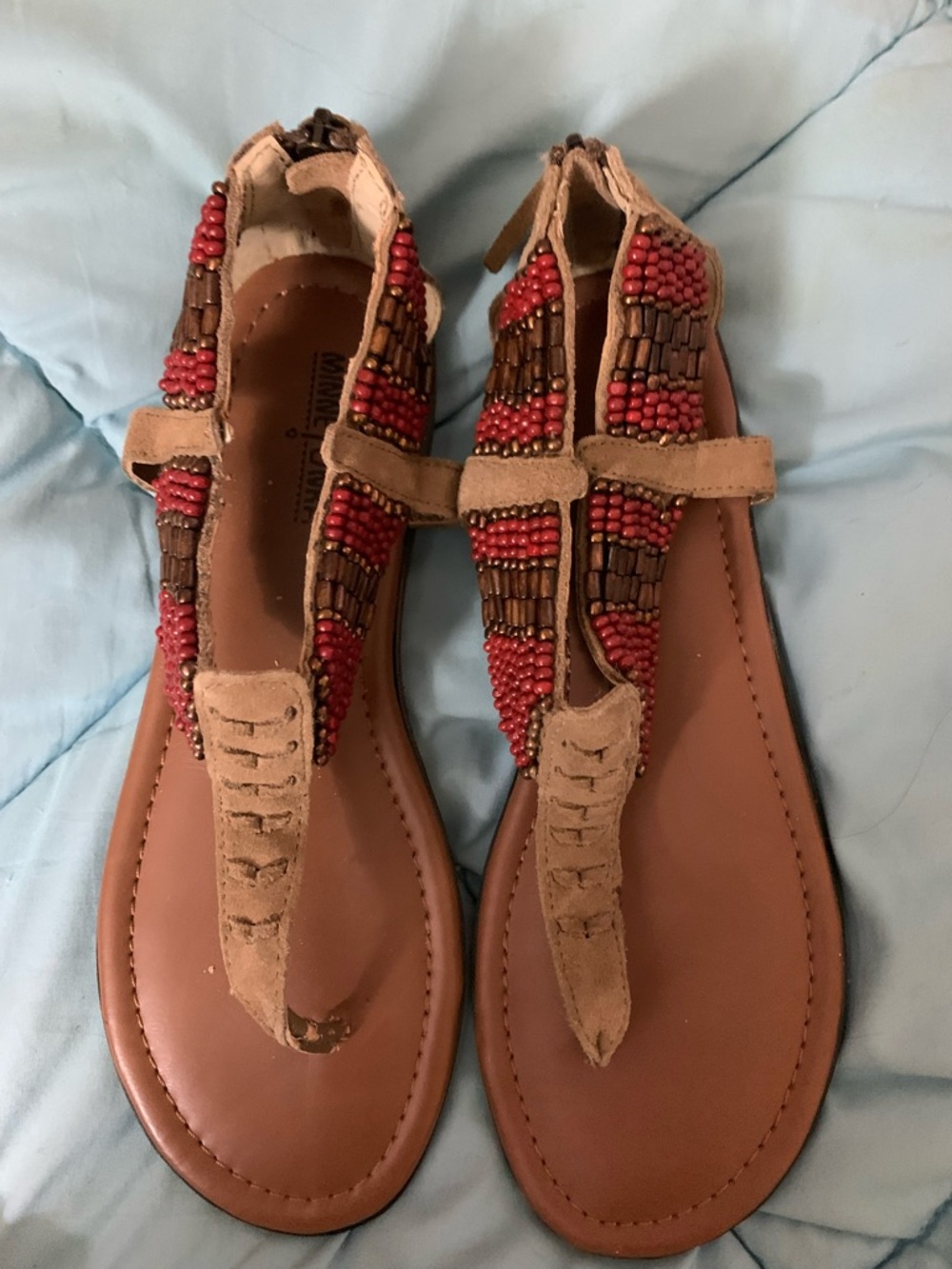 Minnetonka Red Beaded Brown T-Strap Sandals